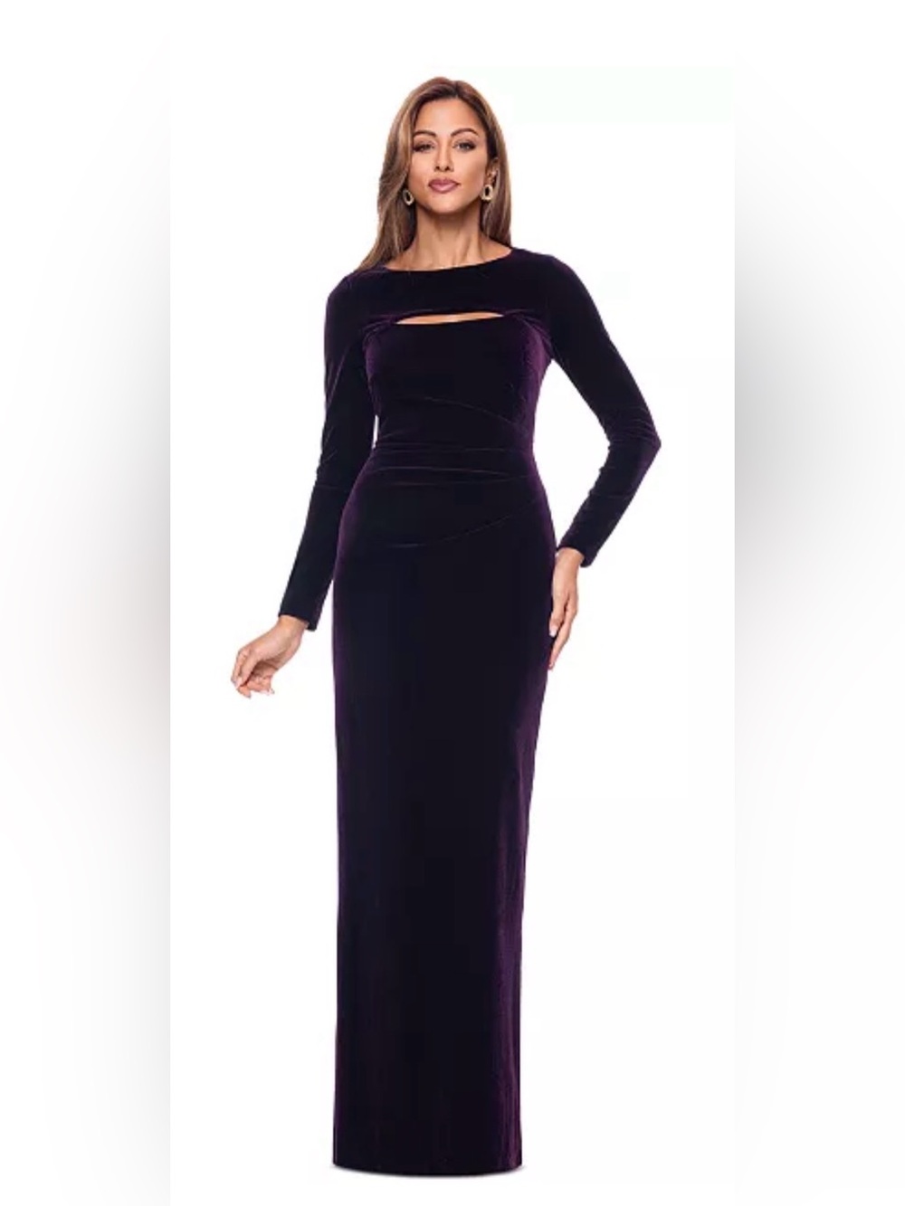 Xscape Elegant Long Sleeve Velvet Ruched Cutout back slit detail cocktail Dress